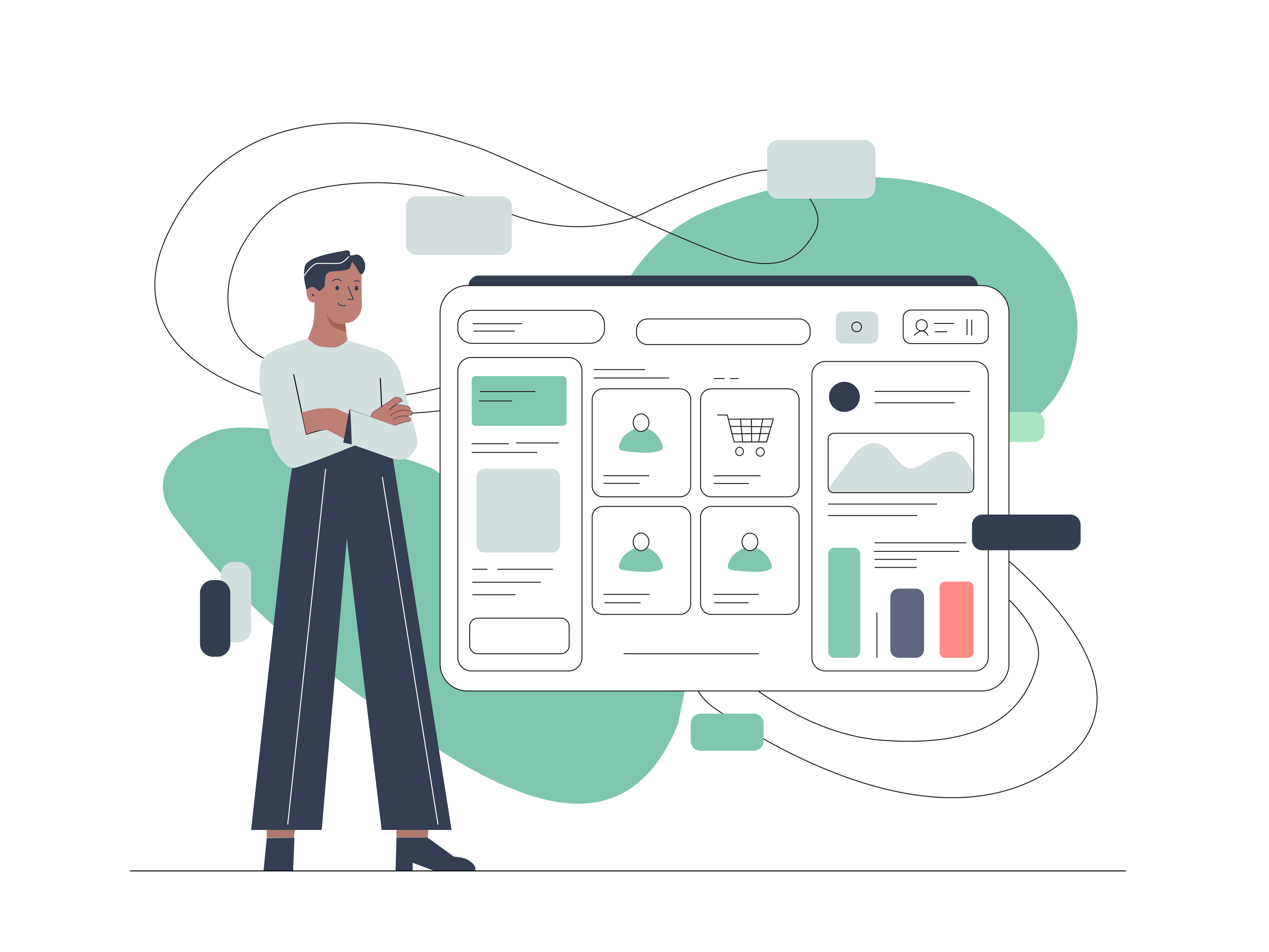 Illustration d'une boutique en ligne avec tableau de bord, produits et statistiques